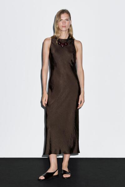 Massimo Dutti Uzun saten halter yaka elbise