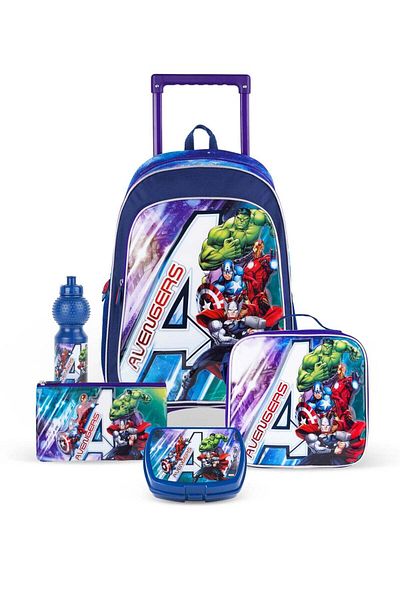 Marvel Avengers 5 in 1 School Trolley Set with Backpack and Accessories - 18 Inch, Thermal Lunch Bag