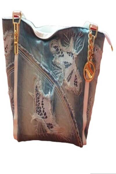 blue moon - Geantă de mână din denim la modă cu broderie din bumbac, albastră