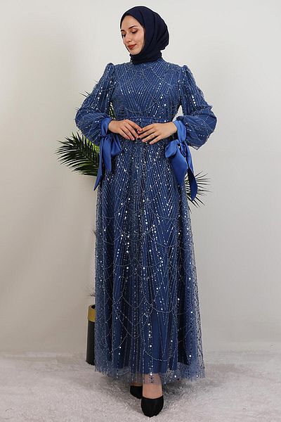 GİYZAMİLA Rochie de seară din satin cu mâneci Indigo