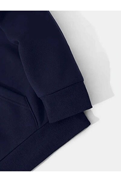 caddekombin Get Jinxed Graffiti Printed Hooded Pocket Inside Wool Navy Blue Sweatshirt