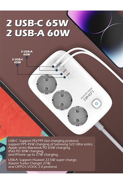 LDNIO Prelungitor SE3436, 3 prize, 2 X USB-A, 2X USB-C, 65W, 2m