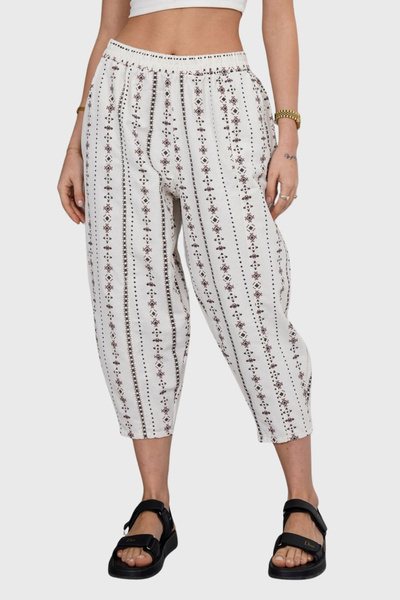 VAGGON Women's Brown Elastic Waist Patterned Linen Trousers Vs00372