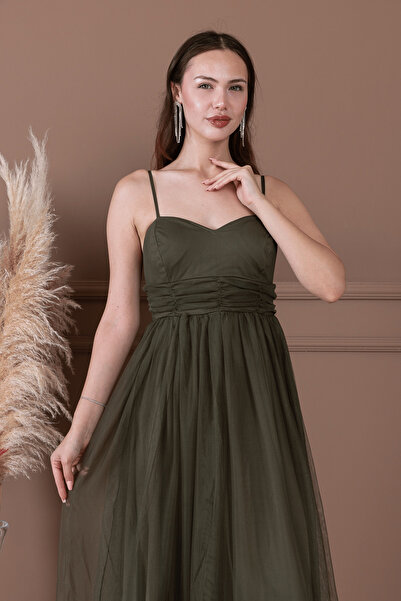 BEYBOS Tül Kumaş Büzgü Detaylı Elbise - HAKİ YEŞİLİ