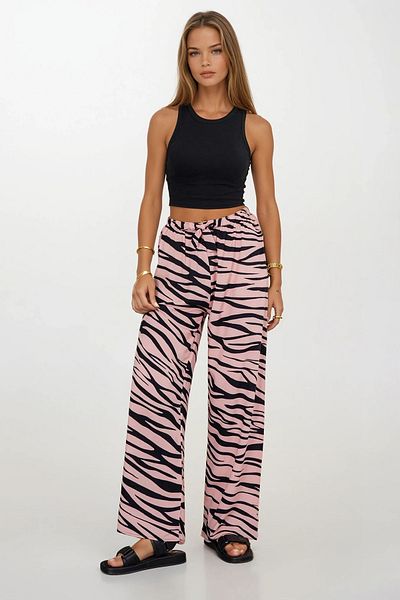 VAGGON Women's Powder Elastic Waist Lace-Up Patterned Viscose Palazzo Trousers Vs00371
