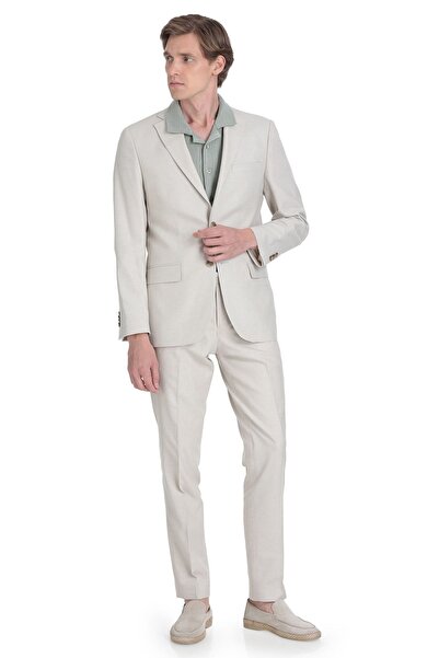Hatemoğlu Bej Slim Fit Mono Yaka Keten Takım Elbise