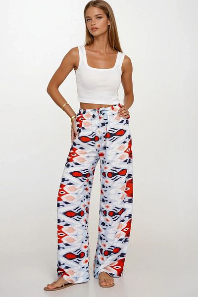 VAGGON Women's Red Elastic Waist Lace-Up Patterned Viscose Palazzo Pants Vs00371