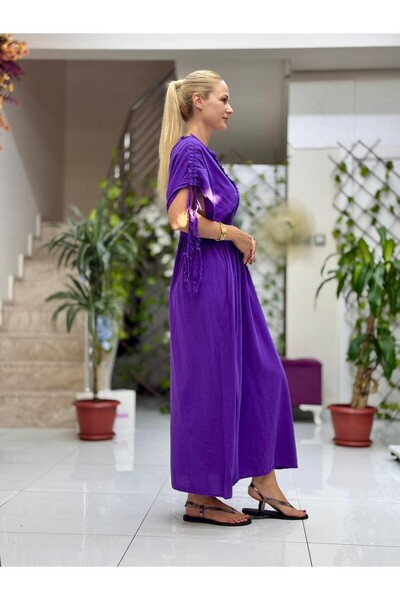 Punta Otantik Pt242500 Elastic Waist Collar Shoulder Tassel Deep Slit Coton Dress Purple