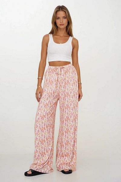 VAGGON Women's Pink Elastic Waist Lace-Up Patterned Viscose Palazzo Pants Vs00371
