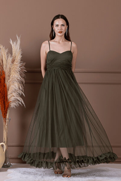 BEYBOS Tül Kumaş Büzgü Detaylı Elbise - HAKİ YEŞİLİ