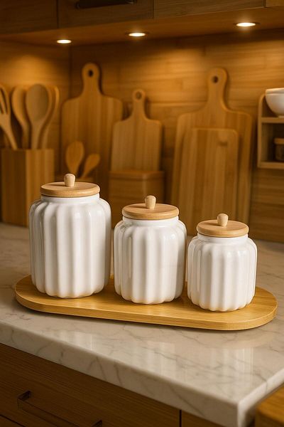 ENYAZA(2024) 3-Piece Bamboo Lid Stand Porcelain Star Patterned Tea, Sugar, Salt, Coffee Jar Storage Container