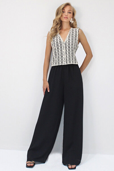 VAGGON Women's Black V-Necklace Gupture Detail Linen Vest and Palazzo Pants Set Prmx14245