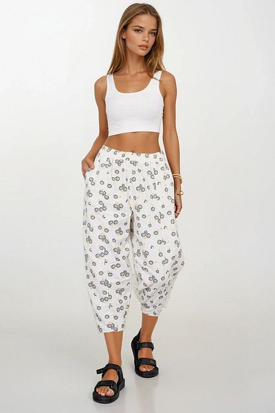 VAGGON Women's Ecru-Black Patterned Linen Trousers with Elastic Waist Vs00372