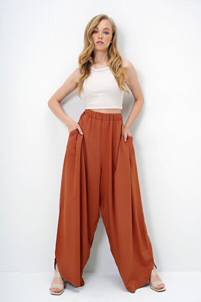 VAGGON Kadın KİREMİT ÇİFT CEPLİ DÖKÜMLÜ BOL KESİM DOKUMA PANTOLON PRMX13879