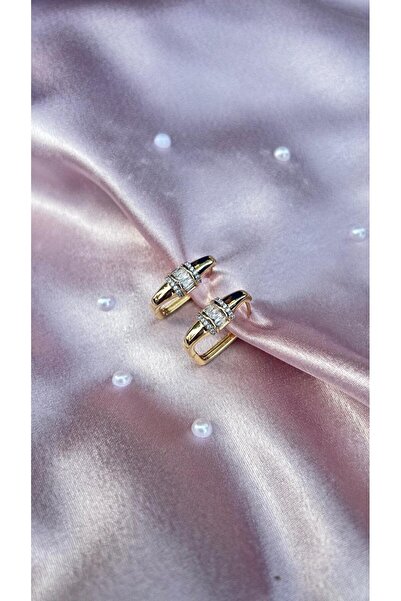 Elayda's Jewerly Collection Baget Taşlı Dikdörtgen Halka Gold Çelik Küpe