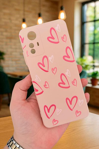 Vip Case Xiaomi Redmi Note 12S-PEMBE HEART PATTERN غطاء حماية مطاطي كلاسيكي ممتص للصدمات من السيليكون277