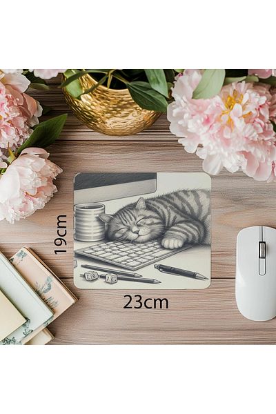 Luluyen Mouse Pad with Drawing Cat Sleeping on Keyboard Top - 19X23 cm 2 mm Rectangle Imported Printed Mouse Pad