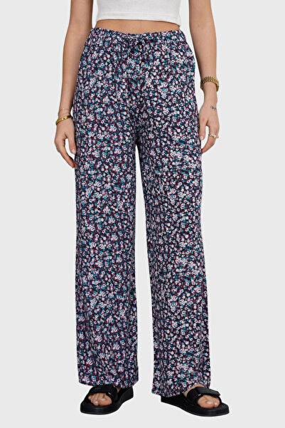 VAGGON Women's White-Blue Elastic Waist Lace-Up Patterned Viscose Palazzo Trousers Vs00371