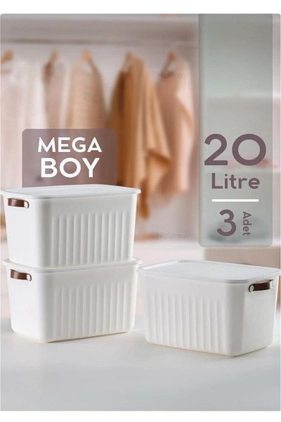 Bayev 3-Piece White 20 Lt Boxsis Set Mega Size Multi-Purpose Box with Lid Cabinet Organizer Organizer-Hobby Box