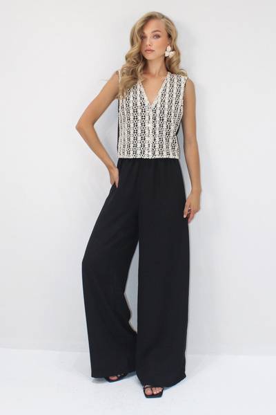 VAGGON Women's Black V-Necklace Gupture Detail Linen Vest and Palazzo Pants Set Prmx14245