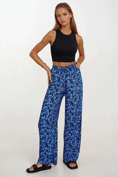 VAGGON Women's Saks Elastic Waist Lace-Up Patterned Viscose Palazzo Pants Vs00371