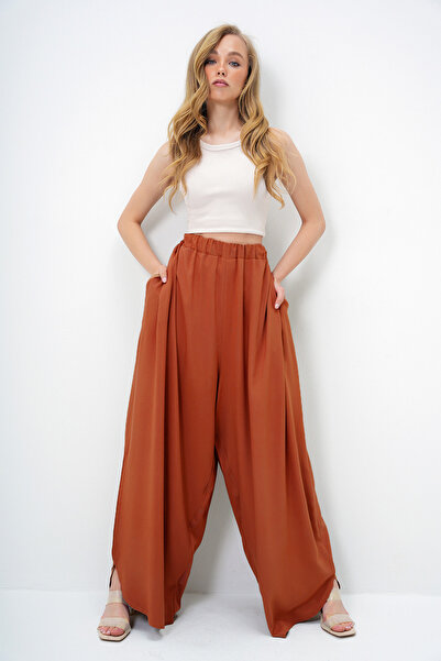 VAGGON Kadın KİREMİT ÇİFT CEPLİ DÖKÜMLÜ BOL KESİM DOKUMA PANTOLON PRMX13879