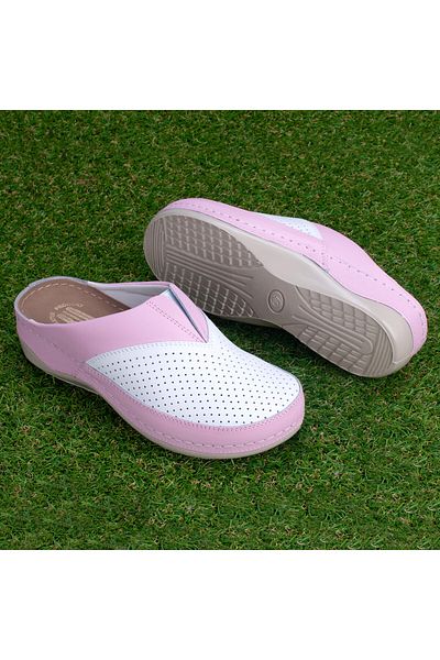 Tellus Women's leather medical clogs 25-06, White-Pink - 41