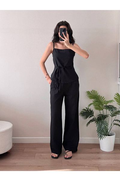 LOCH BUTİK Women's Black Tie-Up Strap Double Suit