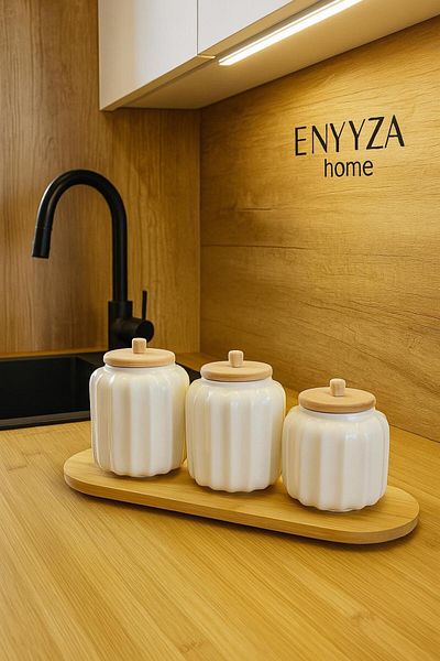 ENYAZA(2024) 3-Piece Bamboo Lid Stand Porcelain Star Patterned Tea, Sugar, Salt, Coffee Jar Storage Container