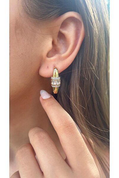 Elayda's Jewerly Collection Baget Taşlı Dikdörtgen Halka Gold Çelik Küpe