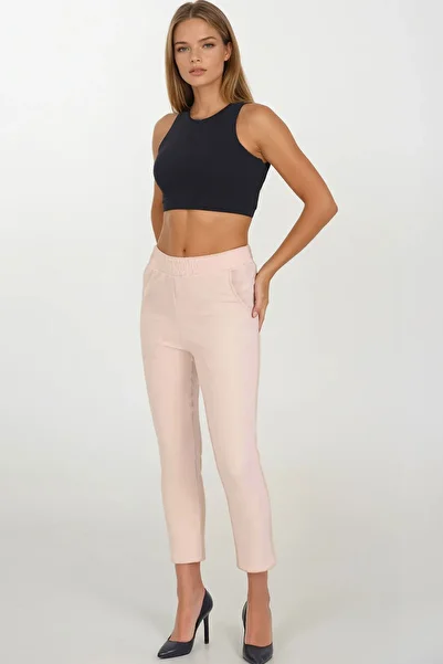 VAGGON Women's Beige Double Pocket Elastic Waist Carrot Pants Vs00373