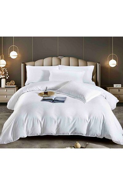 JOJO HOME Lenjerie de Pat Dublu Cu Elastic 100% Bumbac Damasc 6 Piese, 180 x 200 cm, Alb