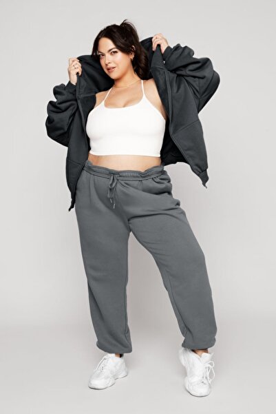 The Champ Clothing Women's Smoked Melange Hooded Lace-Up Sweatshirt with Zipper 3 Thread Ş Fleece-Lined O Oversized Cut