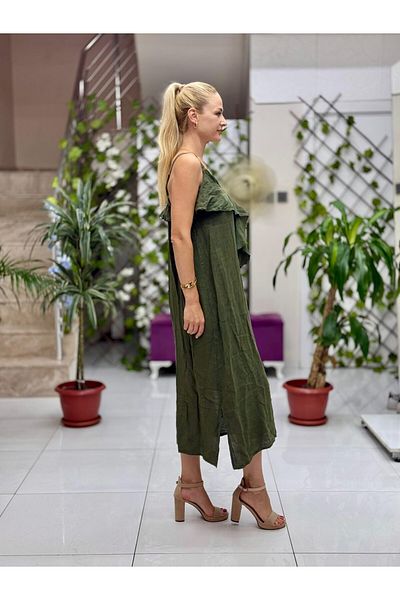 Punta Otantik Nc2132 Linen Front Ruffle Italian Dress with Rope Strap Khaki