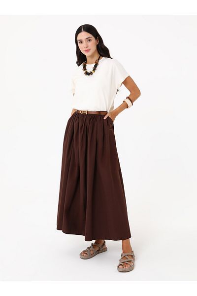 VAV Belted Poplin Skirt - Brown -
