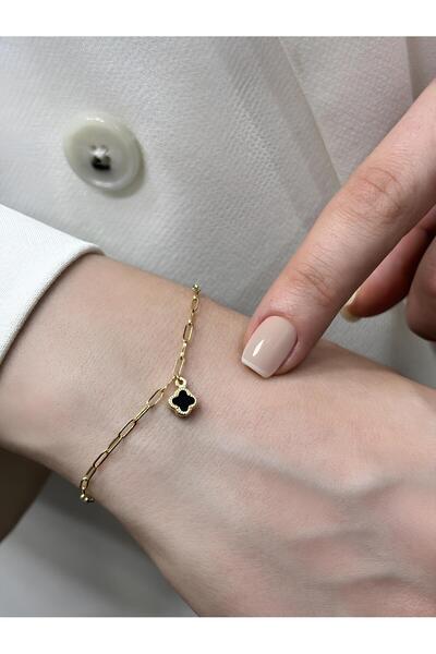 DİAMİNE PIRLANTA 14 Ayar Altın Ataç Zincir Mini Siyah Taşlı Yonca Bileklik