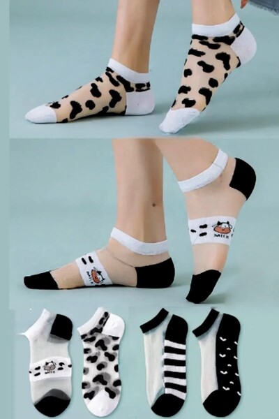 Hitit Socks Women's 5 Pairs Cow Patterned Tulle Socks White