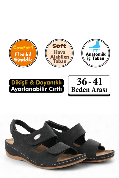 FLY SOFT Black Color Velcro, Stitched, Anatomical and Breathable Sole, Women's Sandals