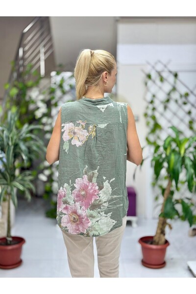 Punta Otantik LS8819A Ιταλική μπλούζα χακί από βαμβακερό χαμηλό ύφασμα χωρίς μανίκια με τσέπες