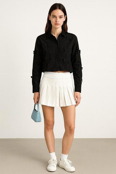 HAKKE Terry Cotton Bow Detail Crop Shirt