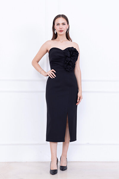 BEYBOS Rochie creion fără bretele cu trandafiri Atlas Fabric - NEGRĂ