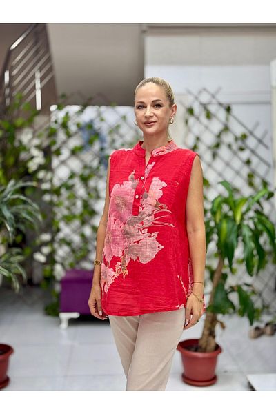 Punta Otantik Ls8819A Sleeveless Cotton Italian Blouse with Pockets Red