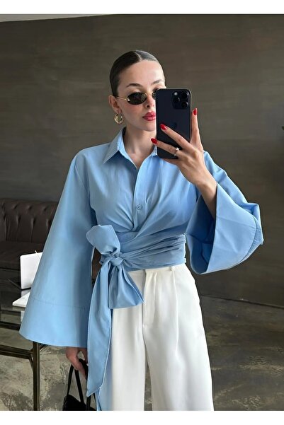 Lusin Women's Baby Blue Muslim Fabric Premium Shirt