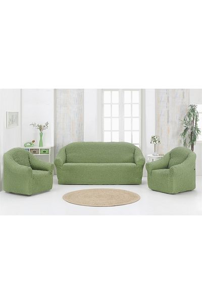 Artforhome Universal Covers for 3-Seater Sofa and 2 Armchairs, Elastic and Textured, Without Flounces, Green