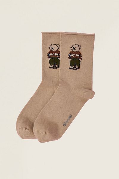 Katia&Bony Șosete de damă cu model Teddy, fără elastic, maro deschis