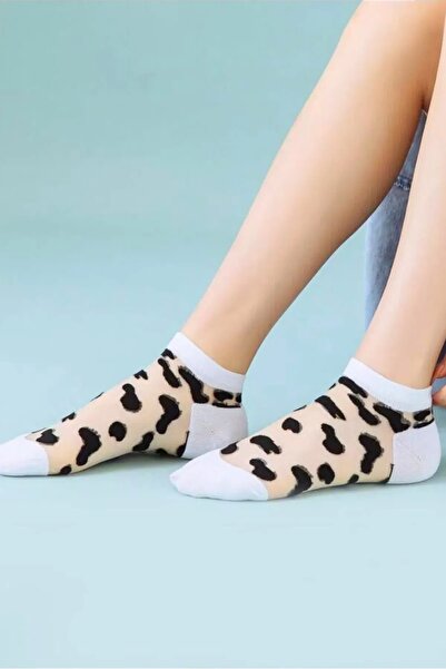 Hitit Socks Women's 5 Pairs Cow Patterned Tulle Socks White