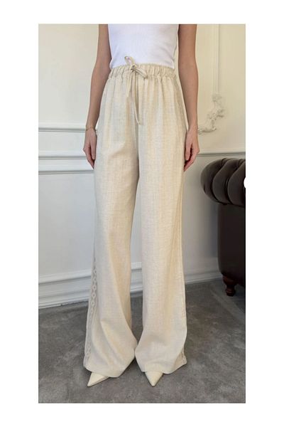 My Blog Natural 100% Cotton Side Lace Detailed Trousers - 3749