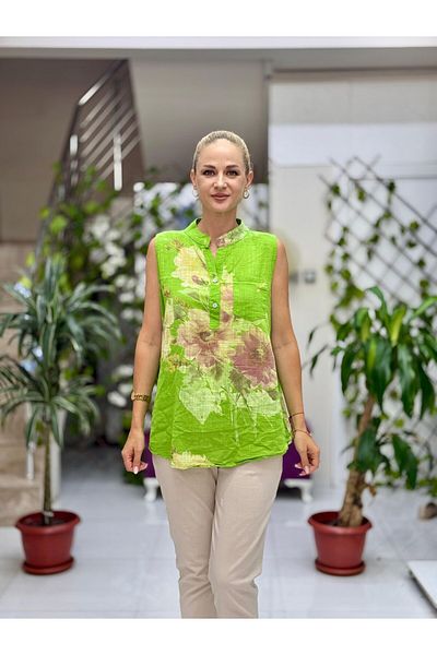 Punta Otantik Ls8819A Sleeveless Cotton Italian Blouse with Pockets Green