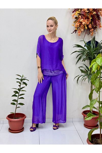 Punta Otantik Nc6641 Italian Pulpayetted Silk Suit Purple