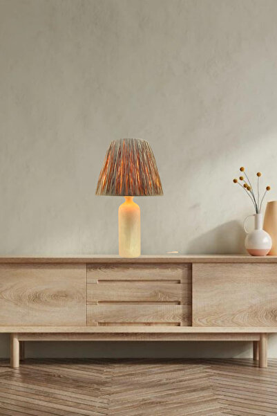 365GUNSERİSONU Modern Living Room Suitable Lampshade with Stone Model Foot Design with Knitted Linen Hat